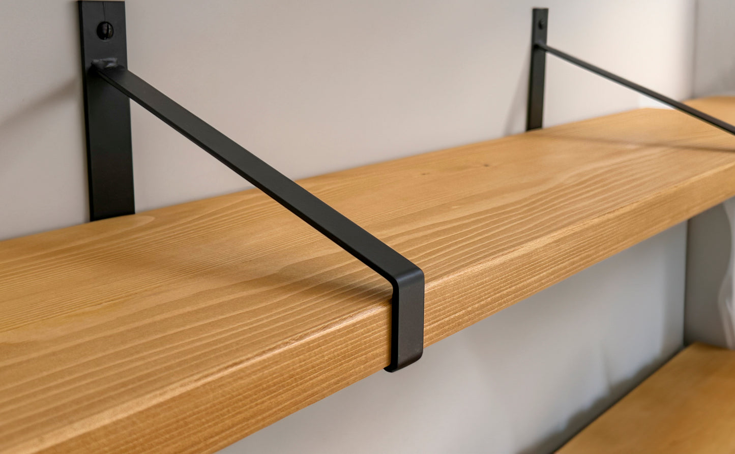 Wooden shelf on suspense bracket with Fiddes colour range