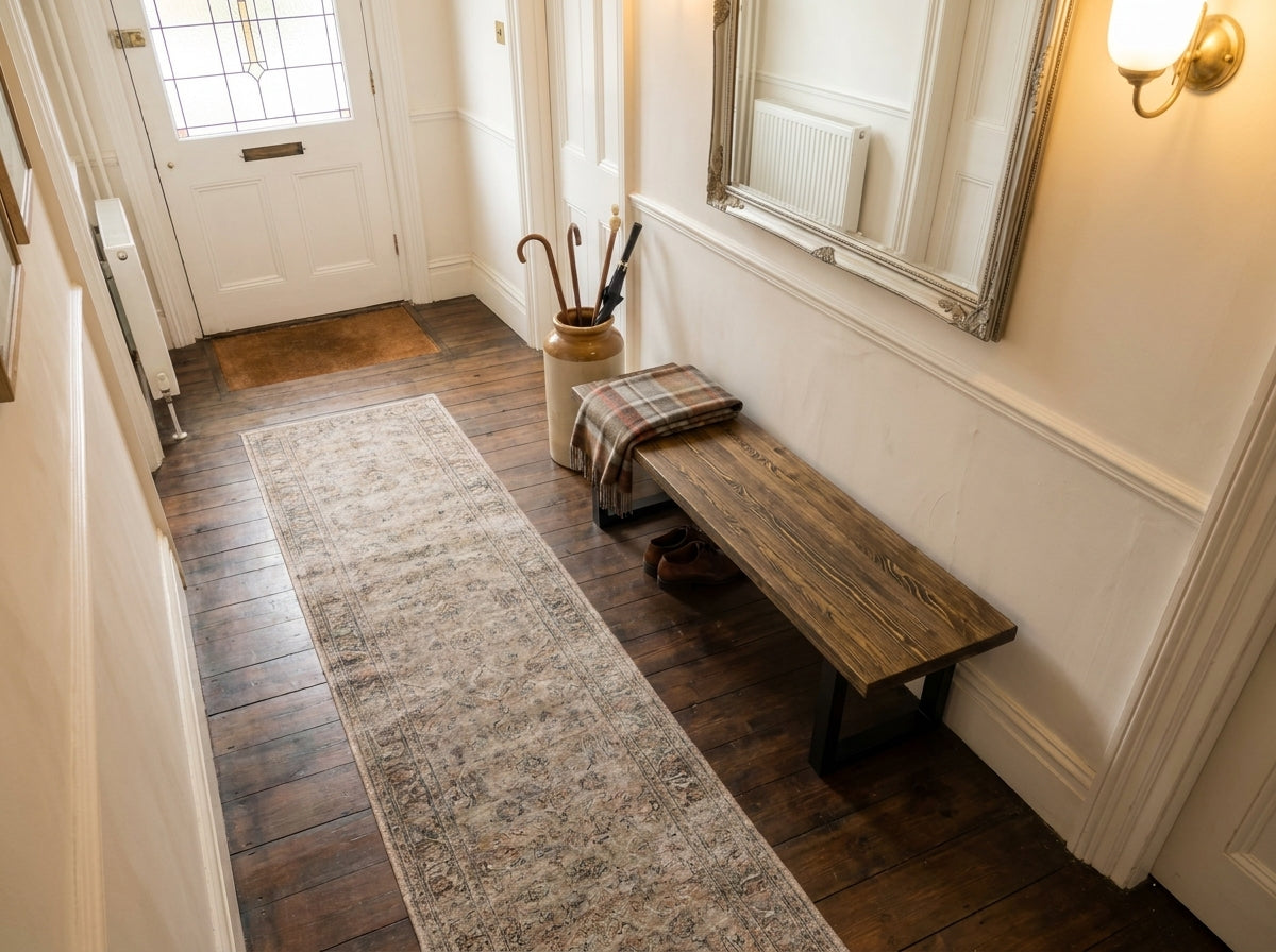 Entryway with wooden bench, rug, and door