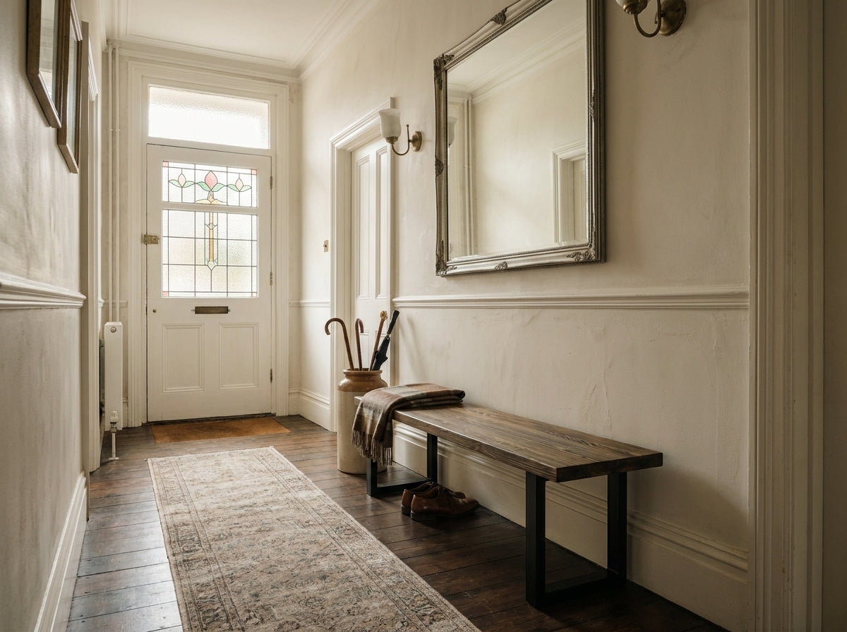 Narrow hallway with wooden bench, mirror, and rug.