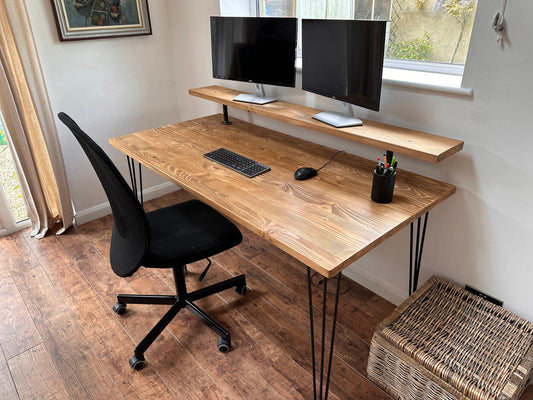 Desk with Monitor Shelf Riser on Hairpin Legs - adrian-4cf6