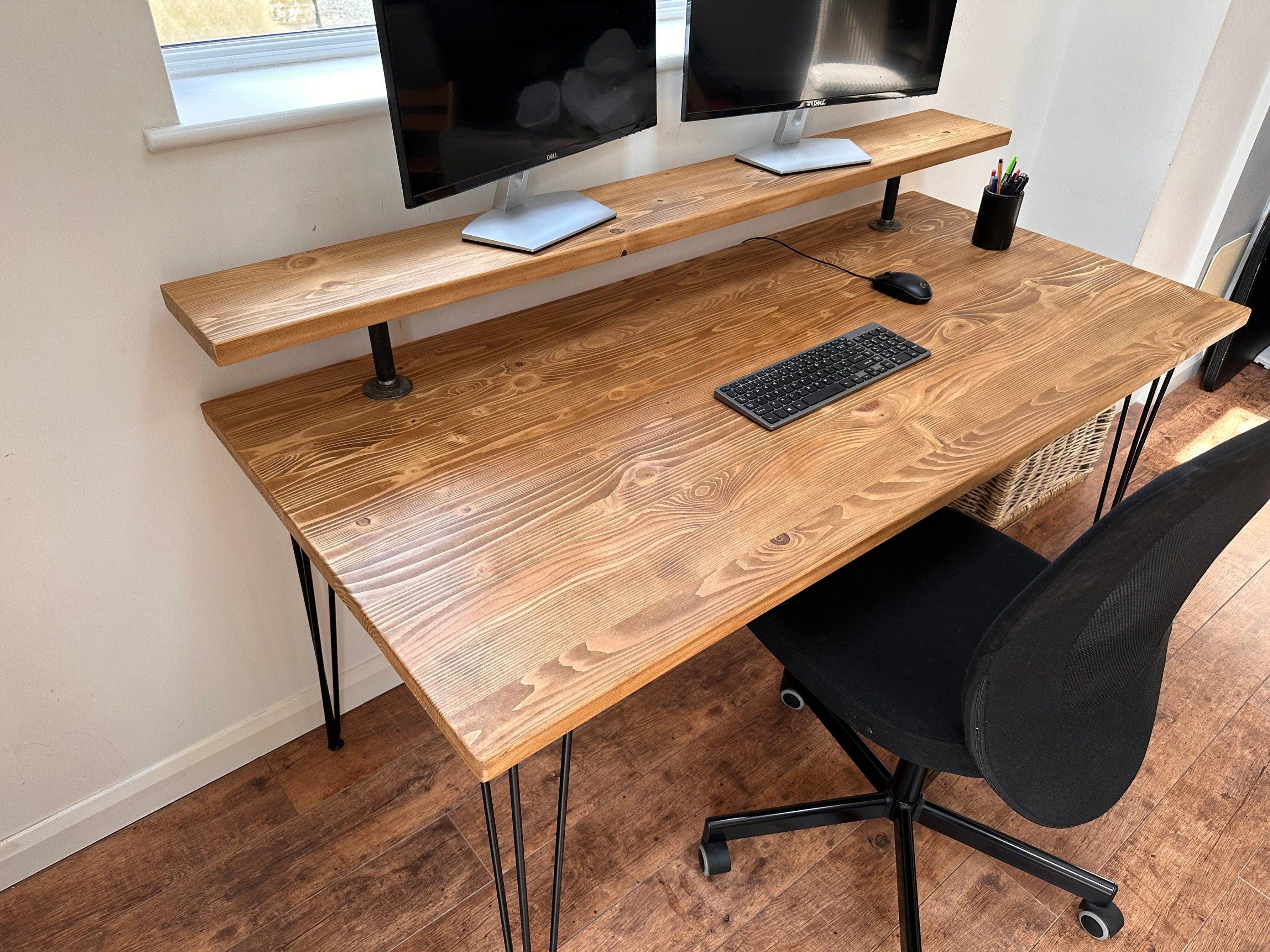 Desk with Computer Monitor Shelf Riser on Hairpin Legs Small