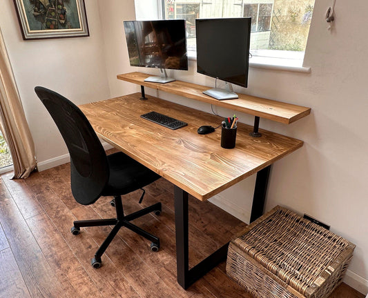 Wooden desk with monitor shelf and box section legs